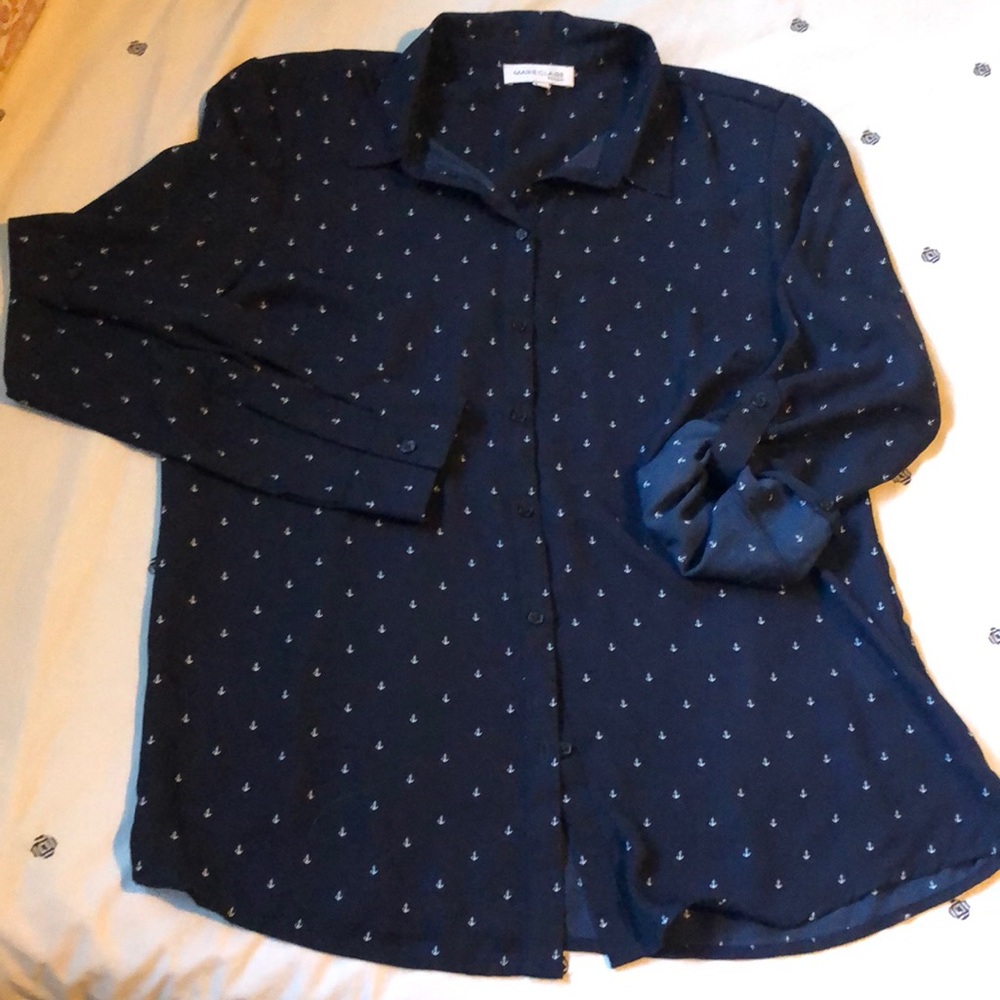 Marie Claire Boutiques blouse with anchor motif and roll up sleeve tab option L